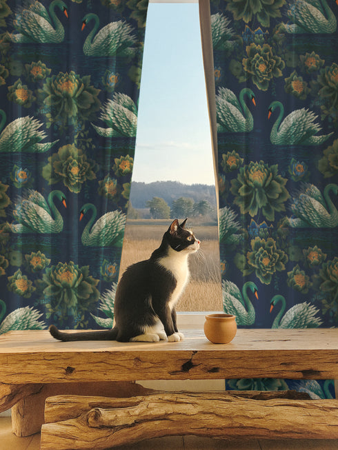 Grimoire and Goblet blackout curtain panel featuring a repeating Art Nouveau pattern of regal white swans and lush emerald green peonies on a deep midnight navy blue background. The design includes floating lily pads and stylized floral foliage with hints of ochre gold. The fabric is 100% heavyweight polyester with a satin finish and a rod pocket header. The print mimics the look of vintage embroidery but is a smooth, high-quality flat print.