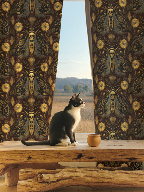 Grimoire and Goblet blackout curtains featuring a repeating Death's Head Moth pattern. The design utilizes a trompe-l'œil effect to mimic raised gold embroidery on a deep espresso brown background. The moths feature skull thoraxes and slate blue wings, surrounded by antique gold peonies and vines in a symmetrical damask layout. The fabric is a smooth, satiny heavyweight polyester with a white reverse side, offering light-blocking functionality.