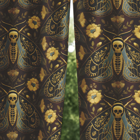 Grimoire and Goblet blackout curtains featuring a repeating Death's Head Moth pattern. The design utilizes a trompe-l'œil effect to mimic raised gold embroidery on a deep espresso brown background. The moths feature skull thoraxes and slate blue wings, surrounded by antique gold peonies and vines in a symmetrical damask layout. The fabric is a smooth, satiny heavyweight polyester with a white reverse side, offering light-blocking functionality.