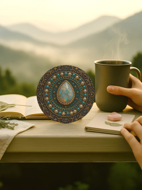 Round ceramic coaster with a central opal teardrop design surrounded by baroque-style celestial elements including pearls, stars, and ornate gold detailing. Deep green and jewel-toned accents frame the mystical illustration. The coaster includes a non-slip cork backing and measures about 4 inches in diameter. Ideal for both hot and cold drinks, it fits whimsigoth, celestial, and antique-inspired home decor themes.