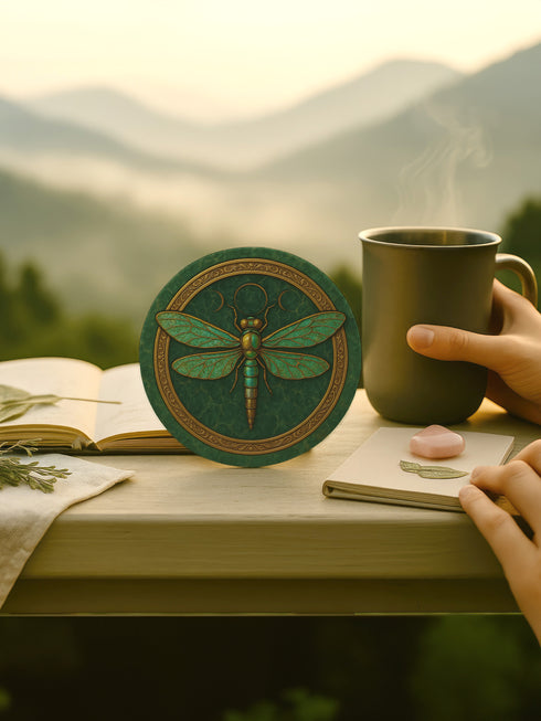 Round ceramic coaster featuring a raised gold-tone dragonfly relief and ornate border on a deep green glazed surface; 4-inch diameter; backed with natural cork for non-slip stability; heat- and cold-resistant; easy-wipe ceramic top; ideal for mystical, botanical, or occult-inspired tabletops.