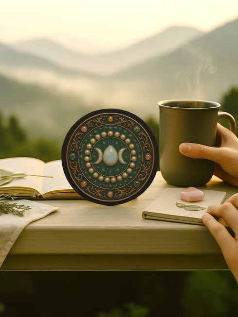 Round ceramic drink coaster featuring a Triple Moon symbol with a central moonstone illustration surrounded by gold stars and pearl-like accents. The rich green and gold baroque background evokes celestial and gothic themes. The coaster has a non-slip cork base and is approximately 4 inches in diameter. Perfect for hot or cold drinks, this witchy piece suits whimsigoth, celestial, and spiritual home decor aesthetics.