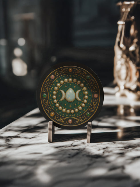 Round ceramic drink coaster featuring a Triple Moon symbol with a central moonstone illustration surrounded by gold stars and pearl-like accents. The rich green and gold baroque background evokes celestial and gothic themes. The coaster has a non-slip cork base and is approximately 4 inches in diameter. Perfect for hot or cold drinks, this witchy piece suits whimsigoth, celestial, and spiritual home decor aesthetics.