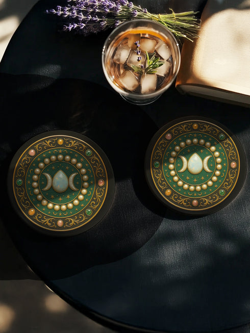 Round ceramic drink coaster featuring a Triple Moon symbol with a central moonstone illustration surrounded by gold stars and pearl-like accents. The rich green and gold baroque background evokes celestial and gothic themes. The coaster has a non-slip cork base and is approximately 4 inches in diameter. Perfect for hot or cold drinks, this witchy piece suits whimsigoth, celestial, and spiritual home decor aesthetics.