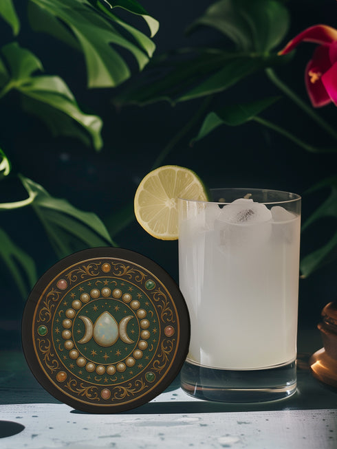 Round ceramic drink coaster featuring a Triple Moon symbol with a central moonstone illustration surrounded by gold stars and pearl-like accents. The rich green and gold baroque background evokes celestial and gothic themes. The coaster has a non-slip cork base and is approximately 4 inches in diameter. Perfect for hot or cold drinks, this witchy piece suits whimsigoth, celestial, and spiritual home decor aesthetics.