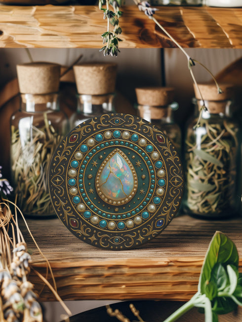 Round ceramic coaster with a central opal teardrop design surrounded by baroque-style celestial elements including pearls, stars, and ornate gold detailing. Deep green and jewel-toned accents frame the mystical illustration. The coaster includes a non-slip cork backing and measures about 4 inches in diameter. Ideal for both hot and cold drinks, it fits whimsigoth, celestial, and antique-inspired home decor themes.