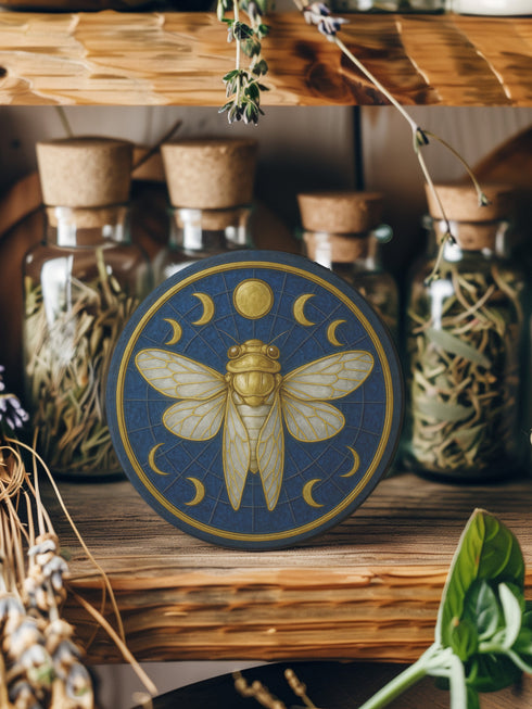 Round ceramic coaster featuring a central gold cicada and moon-phase design on a deep blue glazed surface; smooth ceramic top with natural cork backing for non-slip protection; 4-inch diameter, suitable for hot or cold drinks, easy to wipe clean, ideal for mystical, botanical, or occult-inspired home décor.