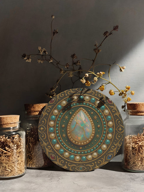 Round ceramic coaster with a central opal teardrop design surrounded by baroque-style celestial elements including pearls, stars, and ornate gold detailing. Deep green and jewel-toned accents frame the mystical illustration. The coaster includes a non-slip cork backing and measures about 4 inches in diameter. Ideal for both hot and cold drinks, it fits whimsigoth, celestial, and antique-inspired home decor themes.