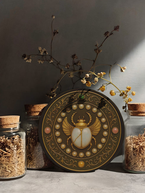Round ceramic coaster with a cork backing, featuring an ornate scarab beetle design surrounded by gold scrollwork, pearls, and gemstone accents in a circular motif.