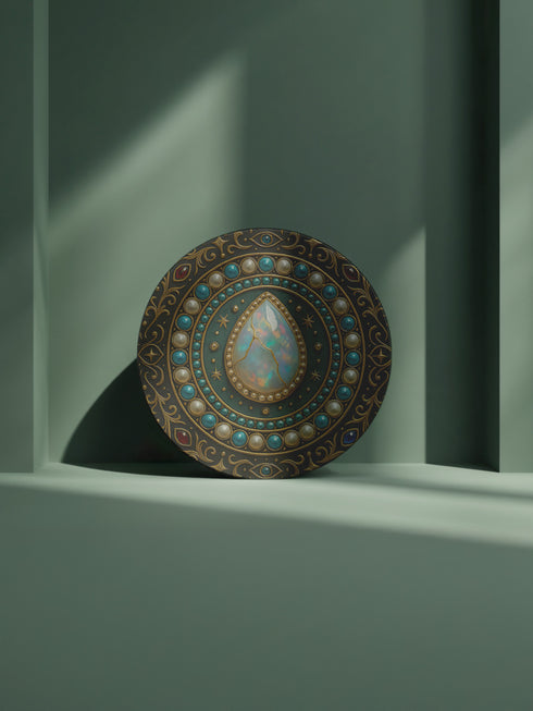 Round ceramic coaster with a central opal teardrop design surrounded by baroque-style celestial elements including pearls, stars, and ornate gold detailing. Deep green and jewel-toned accents frame the mystical illustration. The coaster includes a non-slip cork backing and measures about 4 inches in diameter. Ideal for both hot and cold drinks, it fits whimsigoth, celestial, and antique-inspired home decor themes.