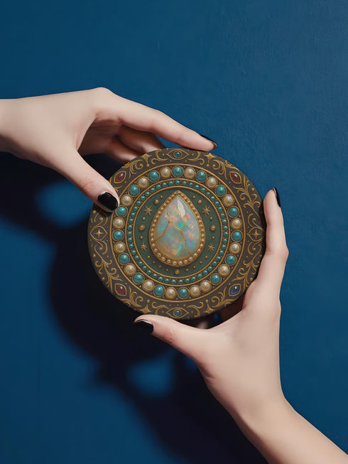 Round ceramic coaster with a central opal teardrop design surrounded by baroque-style celestial elements including pearls, stars, and ornate gold detailing. Deep green and jewel-toned accents frame the mystical illustration. The coaster includes a non-slip cork backing and measures about 4 inches in diameter. Ideal for both hot and cold drinks, it fits whimsigoth, celestial, and antique-inspired home decor themes.