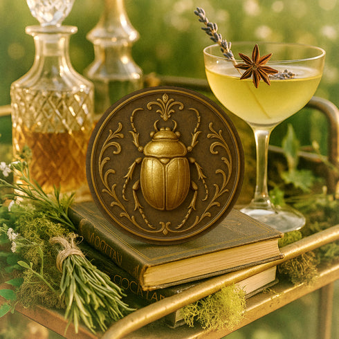 Round ceramic coaster featuring a raised bronze-tone scarab beetle and ornate filigree motif on a matte dark brown glazed surface; 4-inch diameter; backed with cork for non-slip protection; heat-resistant and easy-wipe; perfect for hot or cold beverages in mystical, dark-academic, or antique-inspired interiors.