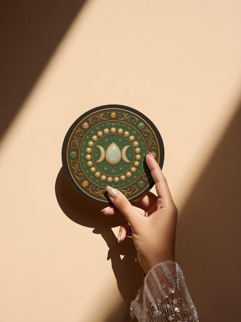 Round ceramic drink coaster featuring a Triple Moon symbol with a central moonstone illustration surrounded by gold stars and pearl-like accents. The rich green and gold baroque background evokes celestial and gothic themes. The coaster has a non-slip cork base and is approximately 4 inches in diameter. Perfect for hot or cold drinks, this witchy piece suits whimsigoth, celestial, and spiritual home decor aesthetics.