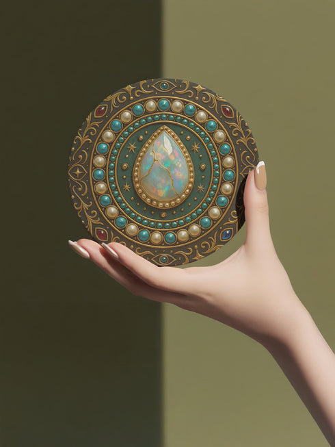 Round ceramic coaster with a central opal teardrop design surrounded by baroque-style celestial elements including pearls, stars, and ornate gold detailing. Deep green and jewel-toned accents frame the mystical illustration. The coaster includes a non-slip cork backing and measures about 4 inches in diameter. Ideal for both hot and cold drinks, it fits whimsigoth, celestial, and antique-inspired home decor themes.