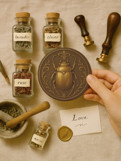 Round ceramic coaster featuring a raised bronze-tone scarab beetle and ornate filigree motif on a matte dark brown glazed surface; 4-inch diameter; backed with cork for non-slip protection; heat-resistant and easy-wipe; perfect for hot or cold beverages in mystical, dark-academic, or antique-inspired interiors.