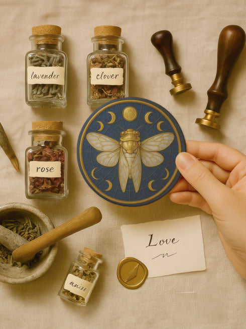 Round ceramic coaster featuring a central gold cicada and moon-phase design on a deep blue glazed surface; smooth ceramic top with natural cork backing for non-slip protection; 4-inch diameter, suitable for hot or cold drinks, easy to wipe clean, ideal for mystical, botanical, or occult-inspired home décor.