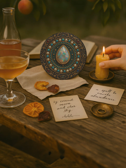 Round ceramic coaster with a central opal teardrop design surrounded by baroque-style celestial elements including pearls, stars, and ornate gold detailing. Deep green and jewel-toned accents frame the mystical illustration. The coaster includes a non-slip cork backing and measures about 4 inches in diameter. Ideal for both hot and cold drinks, it fits whimsigoth, celestial, and antique-inspired home decor themes.