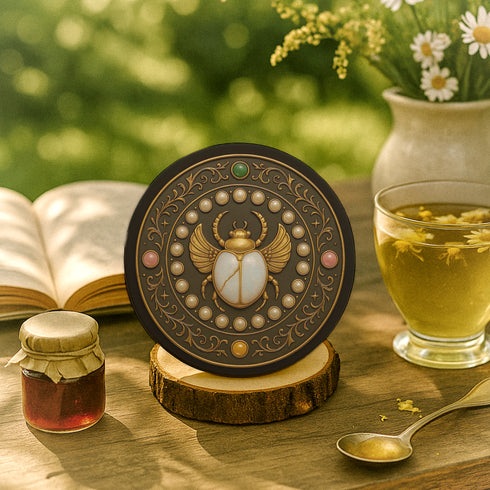 Round ceramic coaster with a cork backing, featuring an ornate scarab beetle design surrounded by gold scrollwork, pearls, and gemstone accents in a circular motif.