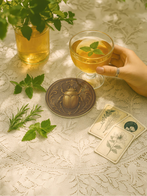 Round ceramic coaster featuring a raised bronze-tone scarab beetle and ornate filigree motif on a matte dark brown glazed surface; 4-inch diameter; backed with cork for non-slip protection; heat-resistant and easy-wipe; perfect for hot or cold beverages in mystical, dark-academic, or antique-inspired interiors.