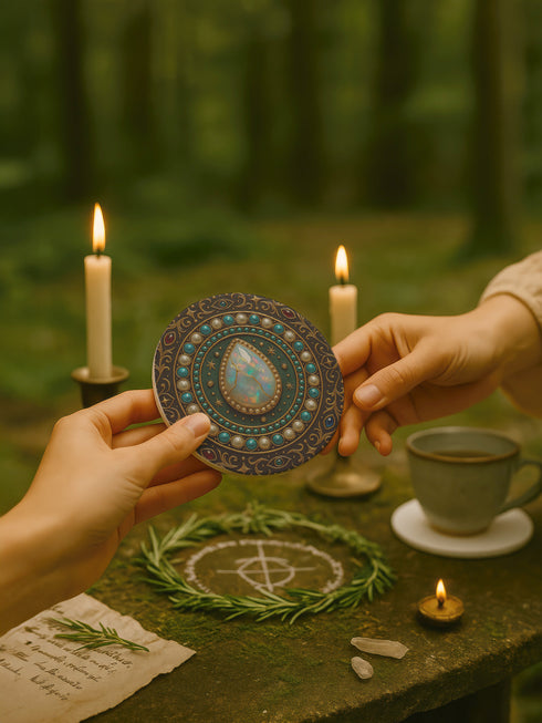 Round ceramic coaster with a central opal teardrop design surrounded by baroque-style celestial elements including pearls, stars, and ornate gold detailing. Deep green and jewel-toned accents frame the mystical illustration. The coaster includes a non-slip cork backing and measures about 4 inches in diameter. Ideal for both hot and cold drinks, it fits whimsigoth, celestial, and antique-inspired home decor themes.