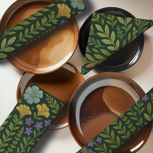 A 4-piece cloth napkin set featuring embroidered-style botanical illustrations of wildflowers and herbs in shades of gold, mint, and lavender on a dark green background; made from soft polyester, square-shaped, with a luxe and mystical design.