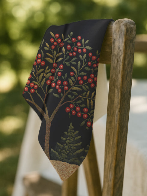 A 4-piece cloth napkin set featuring an embroidered-style illustration of a rowan tree branch with clusters of red berries and green leaves on a deep black background. Each napkin is square-shaped, made from soft polyester with a single-sided print and white reverse, perfect for mystical or autumn dining.