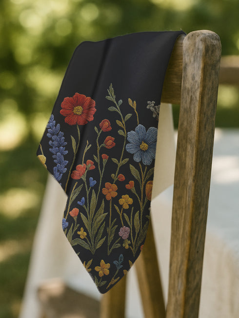Four-piece cloth napkin set featuring a richly embroidered-style wildflower motif on a deep black background. Includes yellow, red, blue, and orange florals with intricate green stems and leaves. Each napkin is printed on one side and measures 18 x 18 inches, made from smooth polyester fabric with white backing.