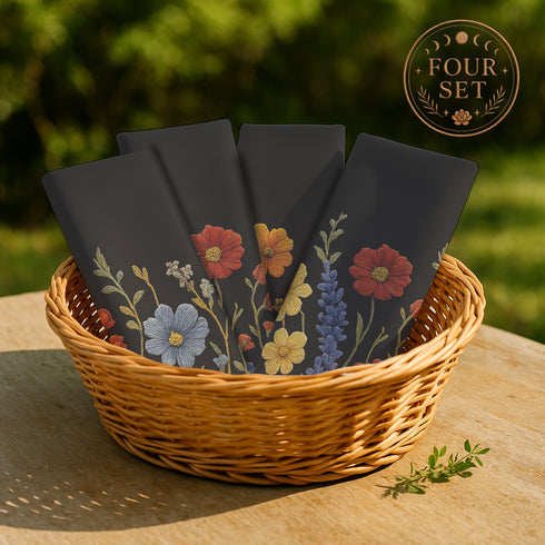 Four-piece cloth napkin set featuring a richly embroidered-style wildflower motif on a deep black background. Includes yellow, red, blue, and orange florals with intricate green stems and leaves. Each napkin is printed on one side and measures 18 x 18 inches, made from smooth polyester fabric with white backing.