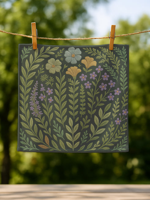 A 4-piece cloth napkin set featuring embroidered-style botanical illustrations of wildflowers and herbs in shades of gold, mint, and lavender on a dark green background; made from soft polyester, square-shaped, with a luxe and mystical design.