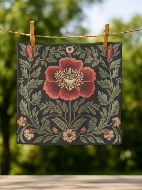 A four-piece cloth napkin set featuring oversized embroidered-style red poppy flowers with green foliage on a deep black background; square-shaped, made of soft polyester with one-sided print and white reverse.