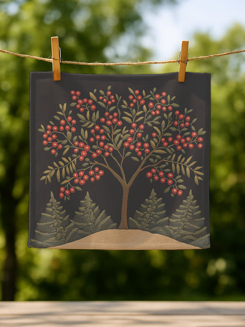 A 4-piece cloth napkin set featuring an embroidered-style illustration of a rowan tree branch with clusters of red berries and green leaves on a deep black background. Each napkin is square-shaped, made from soft polyester with a single-sided print and white reverse, perfect for mystical or autumn dining.