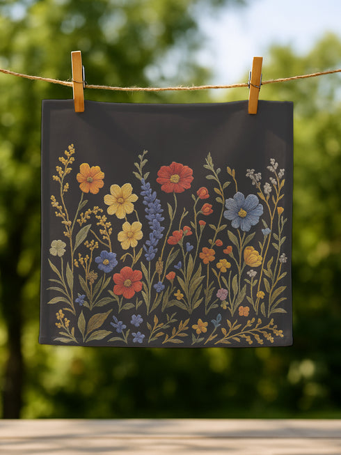 Four-piece cloth napkin set featuring a richly embroidered-style wildflower motif on a deep black background. Includes yellow, red, blue, and orange florals with intricate green stems and leaves. Each napkin is printed on one side and measures 18 x 18 inches, made from smooth polyester fabric with white backing.