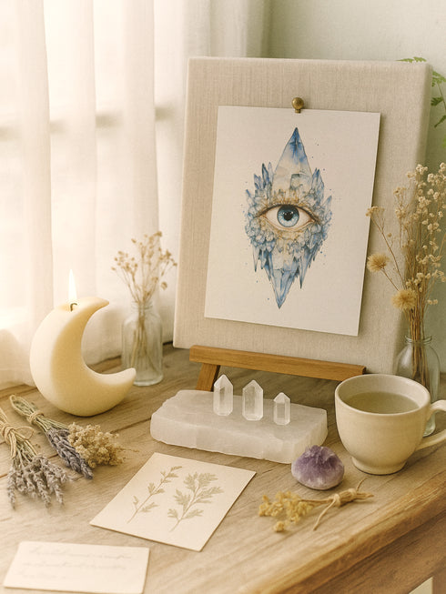Mystical all-seeing eye fine art print featuring luminous blue eye surrounded by ethereal crystal formations and golden botanical elements, rendered in celestial blue and amber tones with spiritual gothic aesthetic, perfect for occult home decor meditation spaces and witchy wall art collections.
