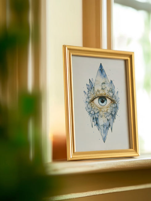 Mystical all-seeing eye fine art print featuring luminous blue eye surrounded by ethereal crystal formations and golden botanical elements, rendered in celestial blue and amber tones with spiritual gothic aesthetic, perfect for occult home decor meditation spaces and witchy wall art collections.