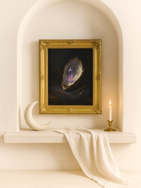 Fine art print featuring a glowing amethyst crystal emerging from an oyster shell, set against a dark, moody background. This archival giclée reproduction highlights painterly textures and luminous gemstone tones in a vintage baroque-inspired style. Ideal for gothic, magical, or dark academia interiors. Available in multiple sizes.