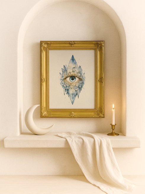 Mystical all-seeing eye fine art print featuring luminous blue eye surrounded by ethereal crystal formations and golden botanical elements, rendered in celestial blue and amber tones with spiritual gothic aesthetic, perfect for occult home decor meditation spaces and witchy wall art collections.