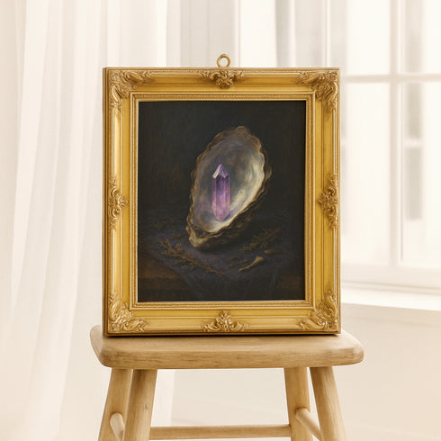 Fine art print featuring a glowing amethyst crystal emerging from an oyster shell, set against a dark, moody background. This archival giclée reproduction highlights painterly textures and luminous gemstone tones in a vintage baroque-inspired style. Ideal for gothic, magical, or dark academia interiors. Available in multiple sizes.