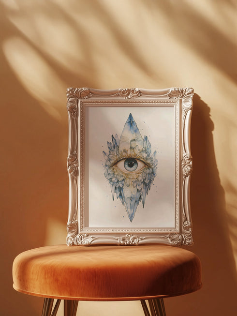 Mystical all-seeing eye fine art print featuring luminous blue eye surrounded by ethereal crystal formations and golden botanical elements, rendered in celestial blue and amber tones with spiritual gothic aesthetic, perfect for occult home decor meditation spaces and witchy wall art collections.