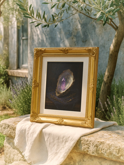 Fine art print featuring a glowing amethyst crystal emerging from an oyster shell, set against a dark, moody background. This archival giclée reproduction highlights painterly textures and luminous gemstone tones in a vintage baroque-inspired style. Ideal for gothic, magical, or dark academia interiors. Available in multiple sizes.
