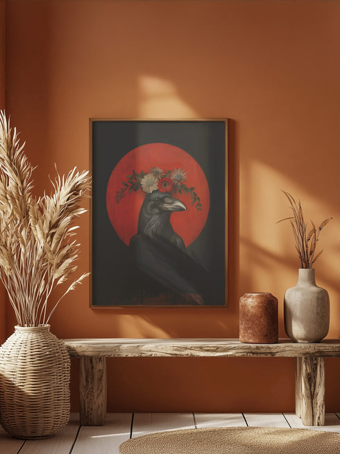 Gothic-style portrait of a black raven with golden floral crown against a deep red moon backdrop, featuring sunflowers, poppies, and detailed botanical elements.