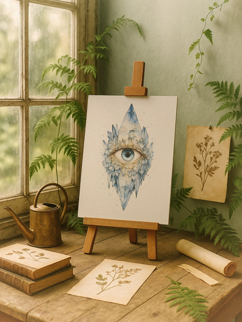 Mystical all-seeing eye fine art print featuring luminous blue eye surrounded by ethereal crystal formations and golden botanical elements, rendered in celestial blue and amber tones with spiritual gothic aesthetic, perfect for occult home decor meditation spaces and witchy wall art collections.