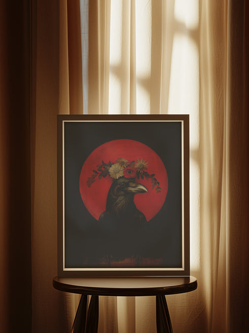 Gothic-style portrait of a black raven with golden floral crown against a deep red moon backdrop, featuring sunflowers, poppies, and detailed botanical elements.