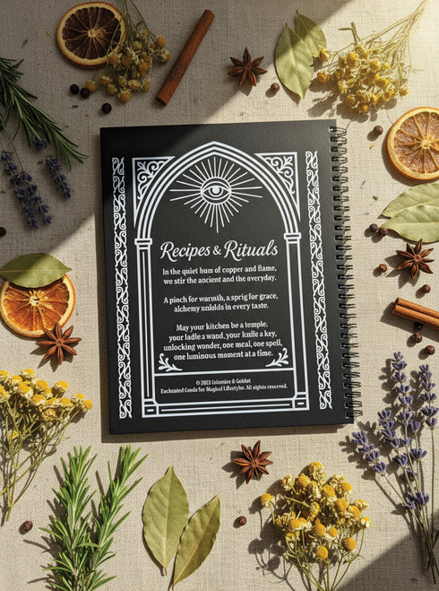 A black spiral-bound hardcover recipe journal lies flat. The cover is matte black with a white line-art design titled "Recipes & Rituals." The art nouveau style illustration features an all-seeing eye under a sunburst, framed by an ornate arch. Below the eye, a crossed spoon and knife are centered above a mortar and pestle filled with herbs. The entire design is bordered by intricate botanical flourishes. The notebook is 8.5 x 11 inches with a wire-o binding, a lay-flat cookbook for kitchen use.