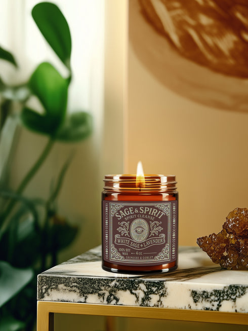 A high-quality studio photograph of the Grimoire & Goblet White Sage & Lavender candle. The 9 oz or 4 oz amber-colored glass jar is cylindrical with a smooth, black metal lid. The ornate, detailed label features the brand's name, 'Sage & Spirit,' an all-seeing eye, and the scent notes 'White Sage + Lavender.' The 100% soy wax blend and cotton wick are visible, crafted for a long-burning, clean, and elegant home fragrance. This piece of gothic home decor is a spiritual tool for energy cleansing.