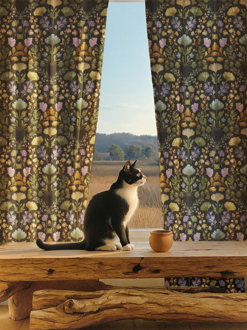 Luxury blackout curtain panel featuring a dark background with a symmetrical botanical pattern of embroidered-style wildflowers in muted pastel and golden tones. The curtain has a rich satiny texture and a 4-inch rod pocket top. Printed on one side, white backing.