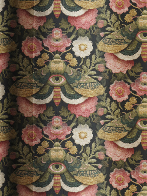 Blackout curtain panel featuring mystical moth pattern with all-seeing eyes, crescent moons, and botanical florals in olive green, cream, rose on dark background. Heavyweight polyester fabric with rich satiny texture, rod pocket construction, gothic home decor, witchy aesthetic, occult symbolism, apothecary style window treatment for bedroom or living room