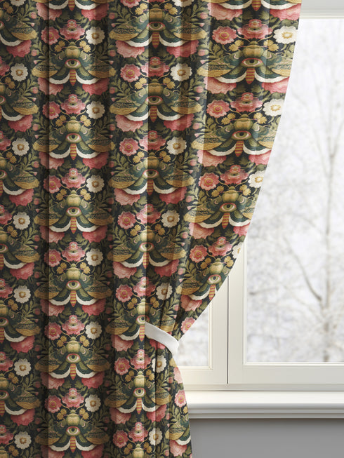 Blackout curtain panel featuring mystical moth pattern with all-seeing eyes, crescent moons, and botanical florals in olive green, cream, rose on dark background. Heavyweight polyester fabric with rich satiny texture, rod pocket construction, gothic home decor, witchy aesthetic, occult symbolism, apothecary style window treatment for bedroom or living room