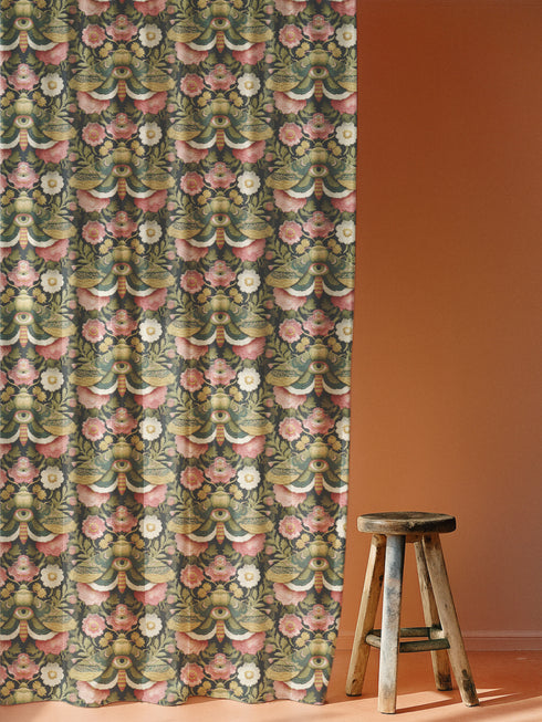 Blackout curtain panel featuring mystical moth pattern with all-seeing eyes, crescent moons, and botanical florals in olive green, cream, rose on dark background. Heavyweight polyester fabric with rich satiny texture, rod pocket construction, gothic home decor, witchy aesthetic, occult symbolism, apothecary style window treatment for bedroom or living room