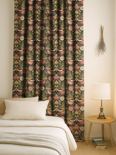 Blackout curtain panel featuring mystical moth pattern with all-seeing eyes, crescent moons, and botanical florals in olive green, cream, rose on dark background. Heavyweight polyester fabric with rich satiny texture, rod pocket construction, gothic home decor, witchy aesthetic, occult symbolism, apothecary style window treatment for bedroom or living room