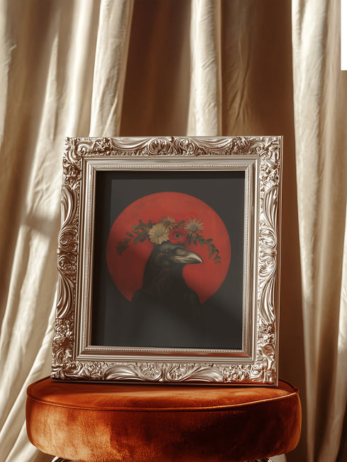 Gothic-style portrait of a black raven with golden floral crown against a deep red moon backdrop, featuring sunflowers, poppies, and detailed botanical elements.